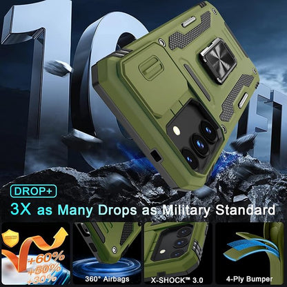 DEERLAMN Case for Samsung Galaxy S25 FE 6.7-Inch with Slide Camera Cover+Screen Protector(1 Pack), Rotated Ring Kickstand Military Grade Shockproof Protective Cover-Olive Green