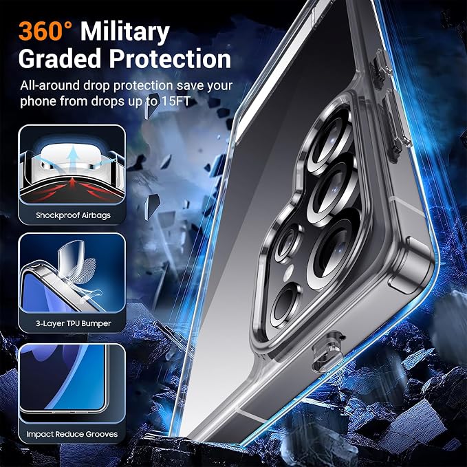 Temdan Designed for Samsung Galaxy S24 Ultra Case,[Built in Hidden Kickstand][Military Grade Drop Protection] [Never Yellowing] Slim Thin Phone Case for S24 Ultra Case - Crystal Clear