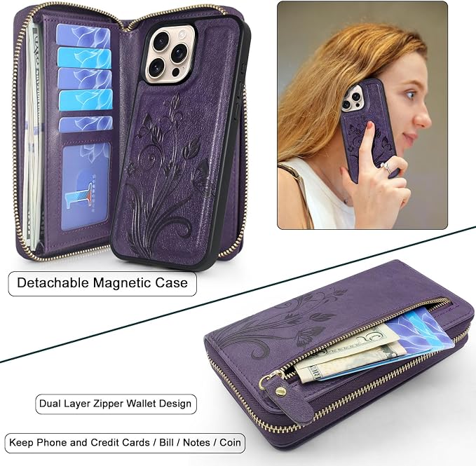 Lacass for iPhone 16 Pro Max 6.9 inch 2024 Wallet Case, Crossbody Dual Zipper Detachable Magnetic Leather Wallet Case Cover Wristlets Wrist Strap 13 Card Slots Money Pocket(Floral Dark Purple)