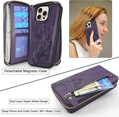 Lacass for iPhone 16 Pro Max 6.9 inch 2024 Wallet Case, Crossbody Dual Zipper Detachable Magnetic Leather Wallet Case Cover Wristlets Wrist Strap 13 Card Slots Money Pocket(Floral Dark Purple)