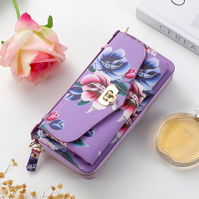 LITOU Compatible for Samsung Galaxy S26 Ultra Crossbody Phone Case,Detachable Magnetic,Card Holder,Zipper Leather Wallet Wrist Lanyard Strap Case for Women Men.PurpleFlower