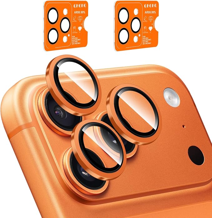 QHOHQ 2 Set Camera Lens Protector for iPhone 17 Pro Max/17 Pro/16 Pro Max/16 Pro/15 Pro Max/15 Pro, Individual Anti Shatter Lens Protector,[15FT Military Grade Protection],1-Second Auto-Install- Orange
