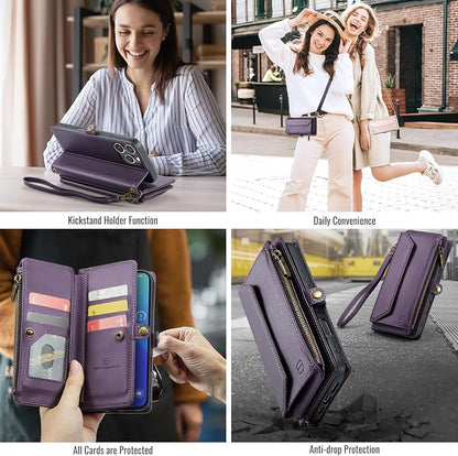 Strapurs Wallet Case Compatible with iPhone 16 Pro 6.3" RFID Blocking 10-Card Holder Soft PU Leather Magnetic Snap Shoulder Strap Zipper Pocket Phone Case Fit for iPhone 16 Pro for Women - Purple