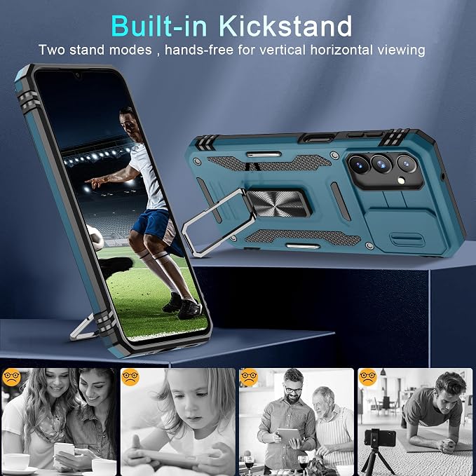 DEERLAMN Case for Samsung Galaxy A16 5G with Slide Camera Cover+Screen Protector (1 Pack), Rotated Ring Kickstand Military Grade Shockproof Protective Cover-Light Blue