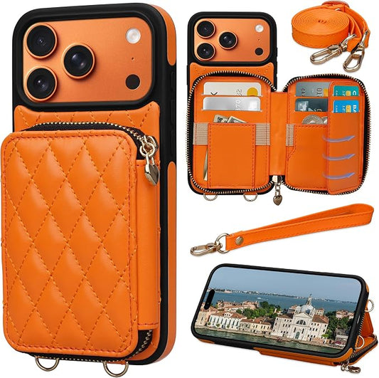 Keallce Case for iPhone 17 Pro Max 6.9'' Wallet Case, Crossbody Zipper Purse with RFID Blocking Card Slots Kickstand, Lanyard & Handstrap Flip Leather Cover for iPhone 17 Pro Max, Orange
