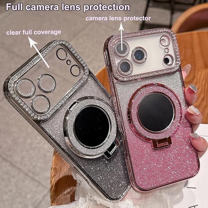 for iPhone 17 Pro Magnetic Kickstand Case, [Compatible with Magsafe] Shockproof Glitter Cute Bling Cover Makeup Mirror Ring Holder Camera Protector for Girls Woman for iPhone 17 Pro, Silver