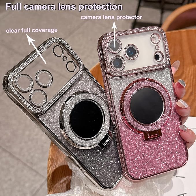 for iPhone 17 Pro Magnetic Case, [Compatible with Magsafe] Kickstand Shockproof Glitter Girls Woman Cute Bling Cover Makeup Mirror Ring Holder with Camera Protector for iPhone 17 Pro, Purple