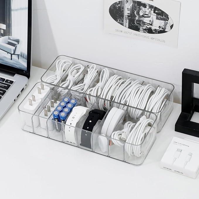 2 Pack Cable Cord Storage Box, Plastic Desk Drawer Organizer Case for Home Office Supplies, Art Crafts, Electronic Accessories, Phone Charger and Wires