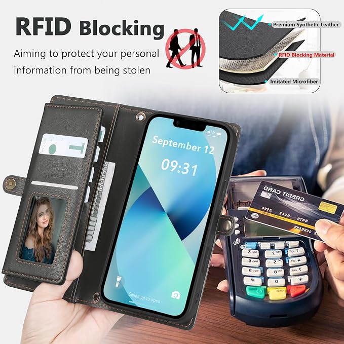 Wallet Case for iPhone 13 with Card Holder/Crossbody Wallet/Strap| RFID Blocking | Magnetic | Kickstand | Detachable | PU Leather Phone Case for iPhone 13,6.1 in,Black