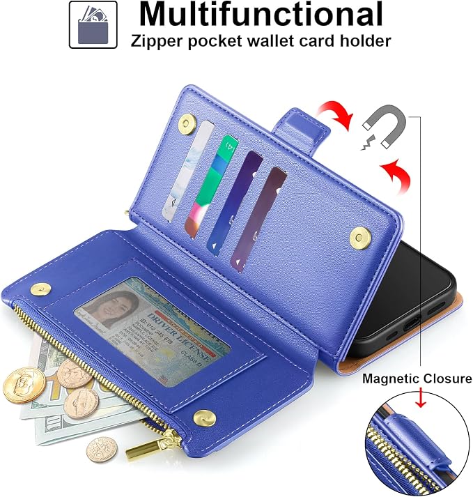 Antsturdy Compatible with iPhone 12 Wallet Case,RFID Blocking PU Leather Phone Case Women Men Kickstand Flip Cover Wrist Strap Zipper Credit Card Holder Slots,for Apple 12 Pro 6.1",Purple Blue