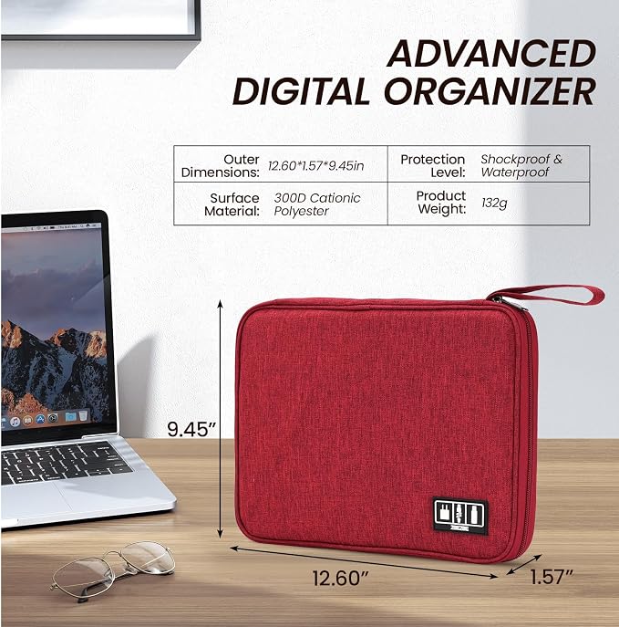 Large Slim Cable Organizer Travel Case, Single-Layer Electronic Accessories Pouch for Chargers, Cords, Power Bank, Mouse and SD Cards, 12.6 x 9.45 x 1.57 Inches