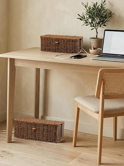 BROWNLILY Rattan Wire Storage Box, Handmade Cord Organizer for Desk Cord Hider Outlet Covers for Power Strip TV PC Router Charger Under Desk Cable Management Box