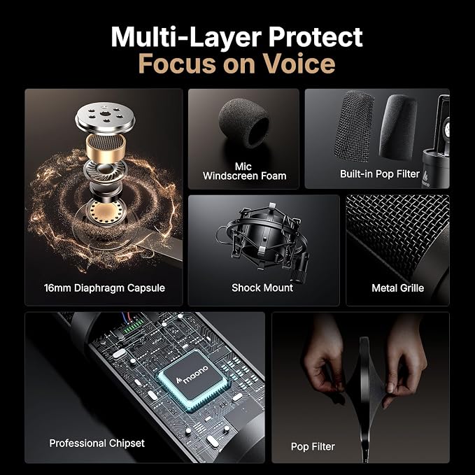 USB Microphone, MAONO 192KHZ/24Bit Plug & Play PC Computer Podcast Condenser Cardioid Metal Mic Kit with Professional Sound Chipset for Recording, Gaming, Singing, YouTube (AU-A04)