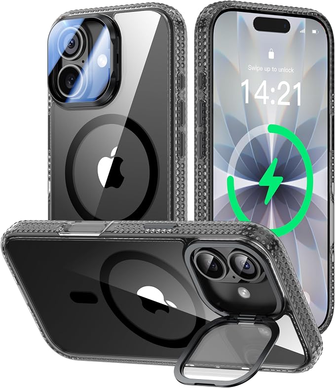 [Upgraded Full Camera Protection] for iPhone 17 Case with Camera Cover Stand [Fit for MagSafe][10FT Mil-Grade Protection] Transparent Magnetic iPhone 17 Phone Case, Clear Black