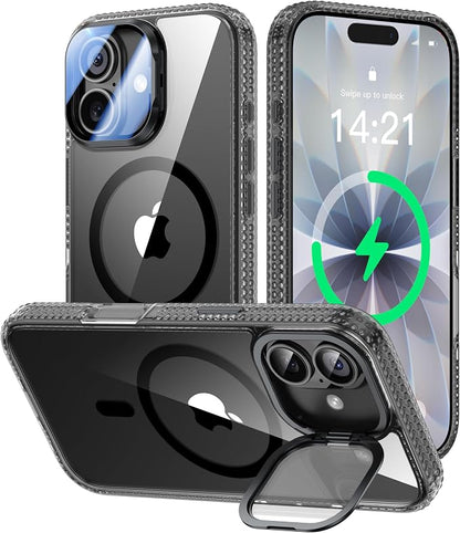 [Upgraded Full Camera Protection] for iPhone 17 Case with Camera Cover Stand [Fit for MagSafe][10FT Mil-Grade Protection] Transparent Magnetic iPhone 17 Phone Case, Clear Black