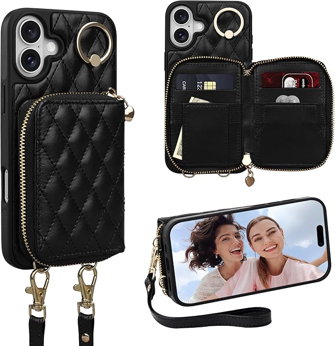 Keallce Case for iPhone 16 6.1'' Wallet Case, Crossbody Zipper Purse with Wristlet for Women, RFID Blocking Card Holders, 360° Ring Kickstand Flip Leather Case for iPhone 16, Black
