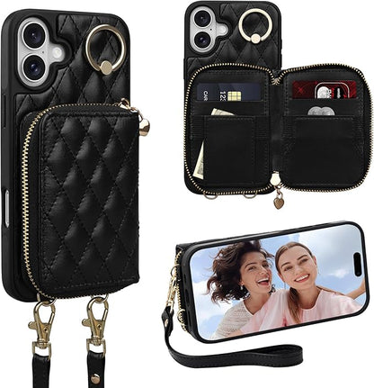 Keallce Case for iPhone 16 6.1'' Wallet Case, Crossbody Zipper Purse with Wristlet for Women, RFID Blocking Card Holders, 360° Ring Kickstand Flip Leather Case for iPhone 16, Black