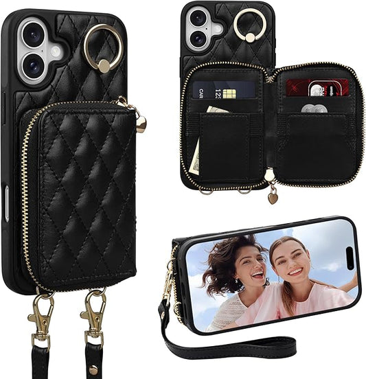 Keallce Case for iPhone 16 6.1'' Wallet Case, Crossbody Zipper Purse with Wristlet for Women, RFID Blocking Card Holders, 360° Ring Kickstand Flip Leather Case for iPhone 16, Black