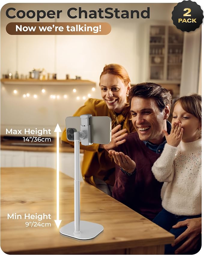 Cooper ChatStand, [Gift Family Pack], Adjustable Cell Phone Stand for Desk, Phone Stand for Recording, iPhone Holder, Small Tripod for iPhone,Fits Samsung, Android Smartphones, (White & Black, 2-Pack)