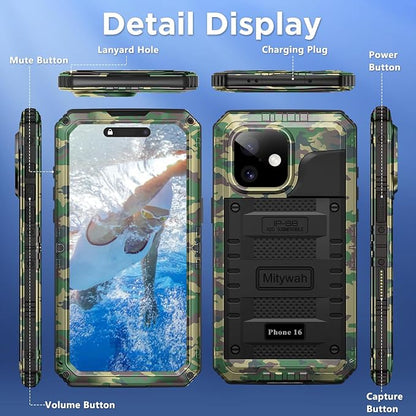 Mitywah Waterproof Case for iPhone 16, Shockproof Heavy Duty Case with Built-in Screen Protector, Underwater Full Body Protective Metal Case 6.1 inch, Camouflage