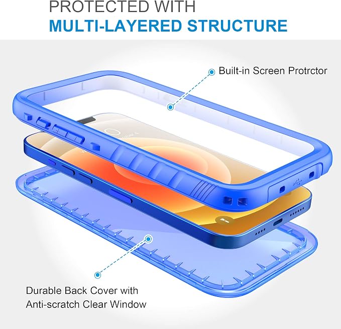 SPORTLINK Compatible with iPhone 12 Waterproof Case - iPhone 12 Pro Waterproof Case, Full Body Shockproof Dustproof Phone Screen Protector Rugged Cases for iPhone 12/12 Pro 6.1 Inches Blue