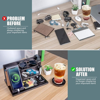 Black Wood Phone Docking Station Compatible with Apple Watch - Wood Charging Station Organizer Stand, Bedside Nightstand Organizer for Men, Holds, Tablet, Glasses, Keys, EDC