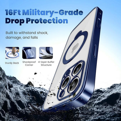 GolbinBox for iPhone 16 Pro Max Case with 360° Spin Magnetic Stand,[Compatible with Magsafe] [Military Protection][Built-in Ring Holder] Camera Control Phone Case for 16 Pro Max,Dark Blue/Clear