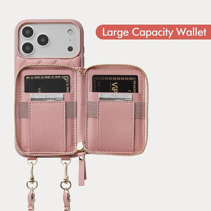 LAMEEKU for iPhone 17 Pro Case Wallet with Card Holder, Wrist Strap Crossbody Phone Cover for Women 6.3" Pink