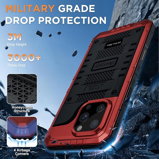 Beasyjoy for iPhone 16 Pro Max Case Waterproof, Metal Heavy Duty Full Body Protective Case with Built-in Screen Protector, Military Grade Shockproof Defender Cover for iPhone 16 Pro Max 6.9", Red