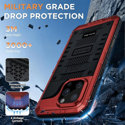 Beasyjoy for iPhone 16 Pro Max Case Waterproof, Metal Heavy Duty Full Body Protective Case with Built-in Screen Protector, Military Grade Shockproof Defender Cover for iPhone 16 Pro Max 6.9", Red
