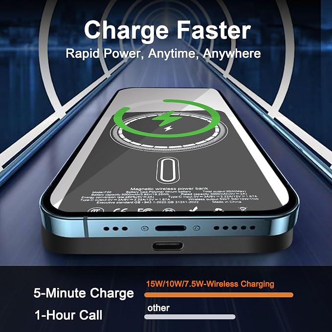 Magnetic Portable Charger 5000mAh, 15W Ultra Slim Wireless Portable Charger, Fast Charging for iPhone 17/16/15/14/13/12 Pro/Pro Max/Plus, Metal Shell, USB-C Cable to Charge Other Phones (Grey)