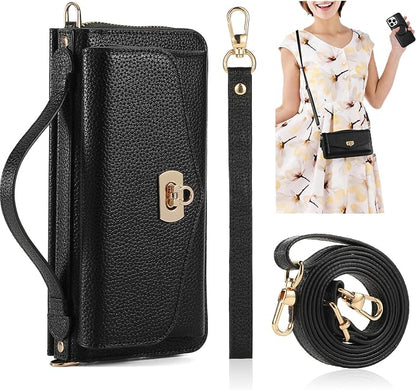 Crossbody Wallet Case for iPhone 16 Pro Max, Magnetic Detachable Floral PU Leather Phone Case with RFID Blocking Card Holder Wristlet Mirror Flip Zipper Shoulder Purse for Wome - Black B