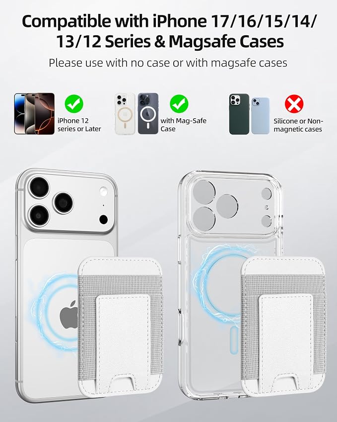 ExtreLife Upgraded for Magsafe Wallet, Strongest Magnetic Wallet for iPhone 17/16/15/14/13/12 Series, for iPhone Magsafe Wallets with 2 Card Slots, RFID Blocking, Vegan Leather, Fit 7 Cards, White