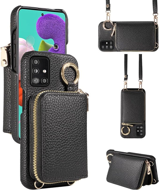 Wallet Case for Samsung Galaxy A51 5G/A 51 5G UW Verizon & Shoulder Strap Ring Buckle PU Leather Zipper Flip Organ Purse Credit Card Holder Stand Full Body Cell Phone Cover for 51A G5 S51 Black