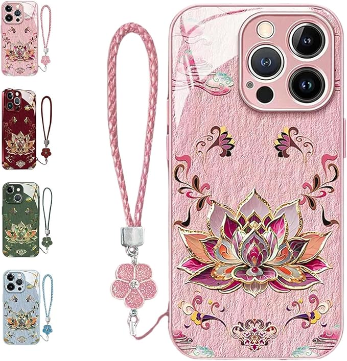 Dunhuangs Lotus Lanyard Hard Case for iPhone 17/16/15/14/13 Pro Max, Dunhuangs Lotus Hard Case, All-Inclusive Lens Design Phone Cases (Pink,15 Plus)