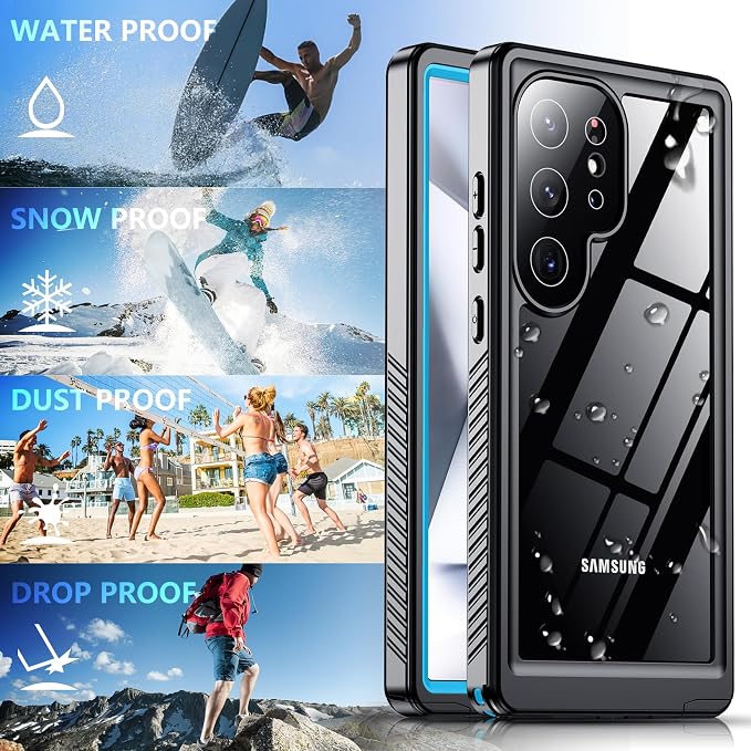 SPIDERCASE Upgraded for Samsung Galaxy S24 Ultra Case Waterproof,Built-in Screen & Camera Lens Protector[IP68 Underwater] [Military Grade Shockproof] Full Body Protection Phone Case,Blue/Clear
