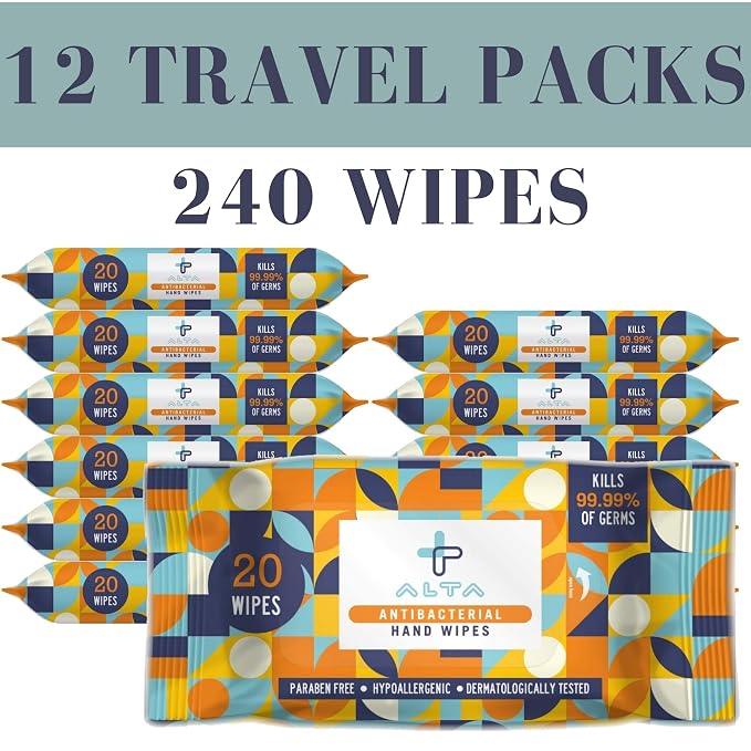 ALTA + Alcohol Free Hand Sanitizing Wipes, Travel Size, 20 Wipes, 12 Packs, Total 240 Pieces