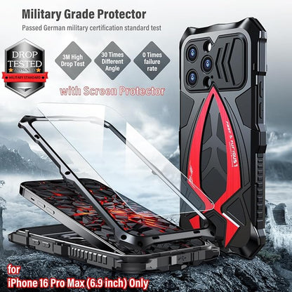 Armor Phone Case for iPhone 16 Pro Max Military Grade Cover 360 Full Protection Heavy Duty Hybrid Metal Bumper Built-in Silicone Shockproof with Screen Protector - Black + Red