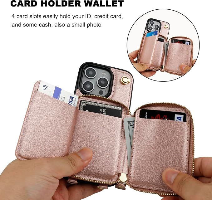 Bocasal for MagSafe Crossbody Wallet Case Compatible with iPhone 16 Pro, RFID Blocking Protective Purse Case with Card Slots Holder Kickstand Wrist Strap Lanyard Zipper 6.3 Inch 5G (Rose Gold)