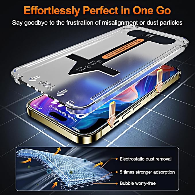 3 Pack Screen Protector for iPhone 14 Pro Max 6.7 Inch, Auto Dust Removal, 9H Hardness, Anti-Fingerprint, HD Clear Tempered Glas with Auto Alignment Kit