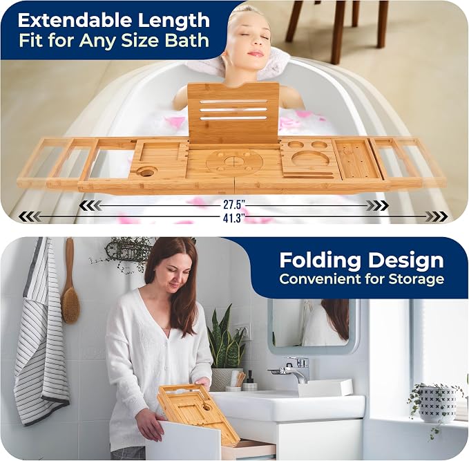 SereneLife Premium Foldable Bathtub Tray with Gift Box and Bow Set, Expandable Bath Tray, Unique House Warming Gifts, for Mom, Women, New Home, Wedding, Anniversary, Bridal Shower, Fit for All Tub