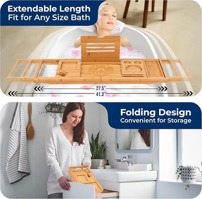 SereneLife Premium Foldable Bathtub Tray with Gift Box and Bow Set, Expandable Bath Tray, Unique House Warming Gifts, for Mom, Women, New Home, Wedding, Anniversary, Bridal Shower, Fit for All Tub