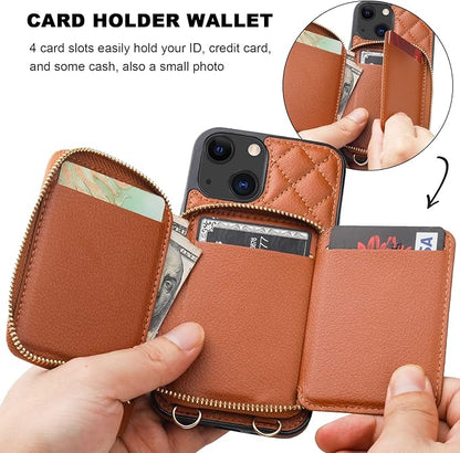 Bocasal Crossbody Wallet Case for iPhone 13, RFID Blocking PU Leather Zipper Handbag Purse Flip Cover, Kickstand Folio Case with Card Slots Holder Wrist Strap Lanyard 5G 6.1 Inch (Brown)