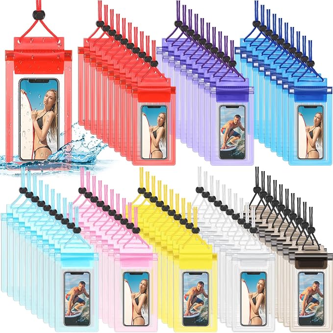 Soaoo 100 Pcs Universal Waterproof Phone Pouch Waterproof Phone Case Dry Bag with Lanyard Cellphone Dry Bag for Beach Swimming Travel Multicolor