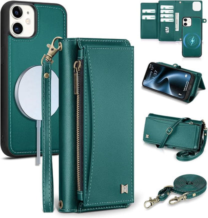 Wallet Case for iPhone 12/12 Pro with Card Holder/Crossbody Wallet/Strap| RFID Blocking | Magnetic | Kickstand | Detachable | PU Leather Phone Case for iPhone 12/12 Pro,6.1 in,Green