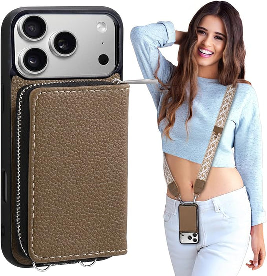 XANGNIER Wallet Case for iPhone 17 Pro with Strap, RFID Blocking PU Leather Crossbody Phone Purse with Card Holder, Zipper Pocket, Wrist Strap & Adjustable Lanyard for Women 6.3" 5G,Brown