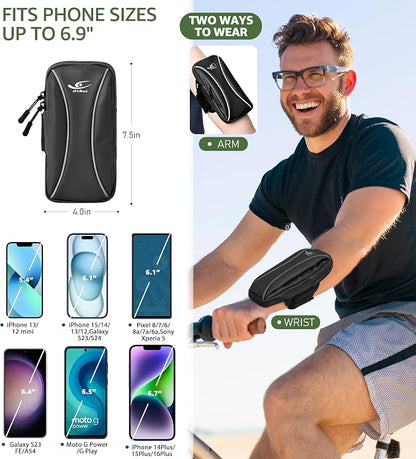 HiRui Arm Bag & Wrist Bag Phone Holder, Sports Running Armband for Gym, Cycling & Workout, Compatible with iPhone 17/16/15 Series, Samsung Galaxy & More, Reflective, Adjustable, Secure Fit (Black)