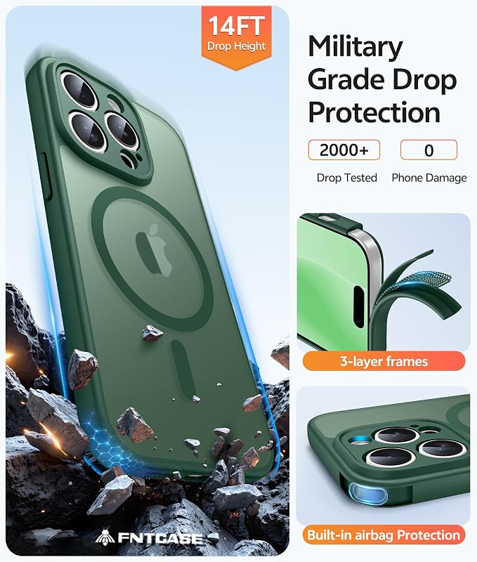FNTCASE for iPhone 14 Pro Max Case: [Compatible with Magsafe] Translucent Matte Cases with [Full Camera Protection] [Screen Protector] Military Grade Shockproof Protective Phone Cover - Green