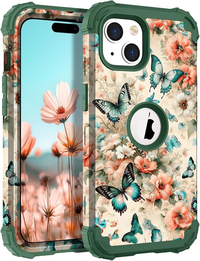 Hocase for iPhone 15 Plus Case, Heavy Duty Shockproof Protection Soft Silicone Rubber Bumper+Hard Plastic Hybrid Protective Case for iPhone 15 Plus 6.7" 2023 - Teal Green Butterflies