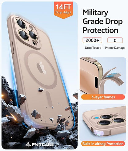 FNTCASE for iPhone 14 Pro Max Case: [Compatible with Magsafe] Translucent Matte Cases with [Full Camera Protection] [Screen Protector] Military Grade Shockproof Protective Phone Cover - Desert Gold
